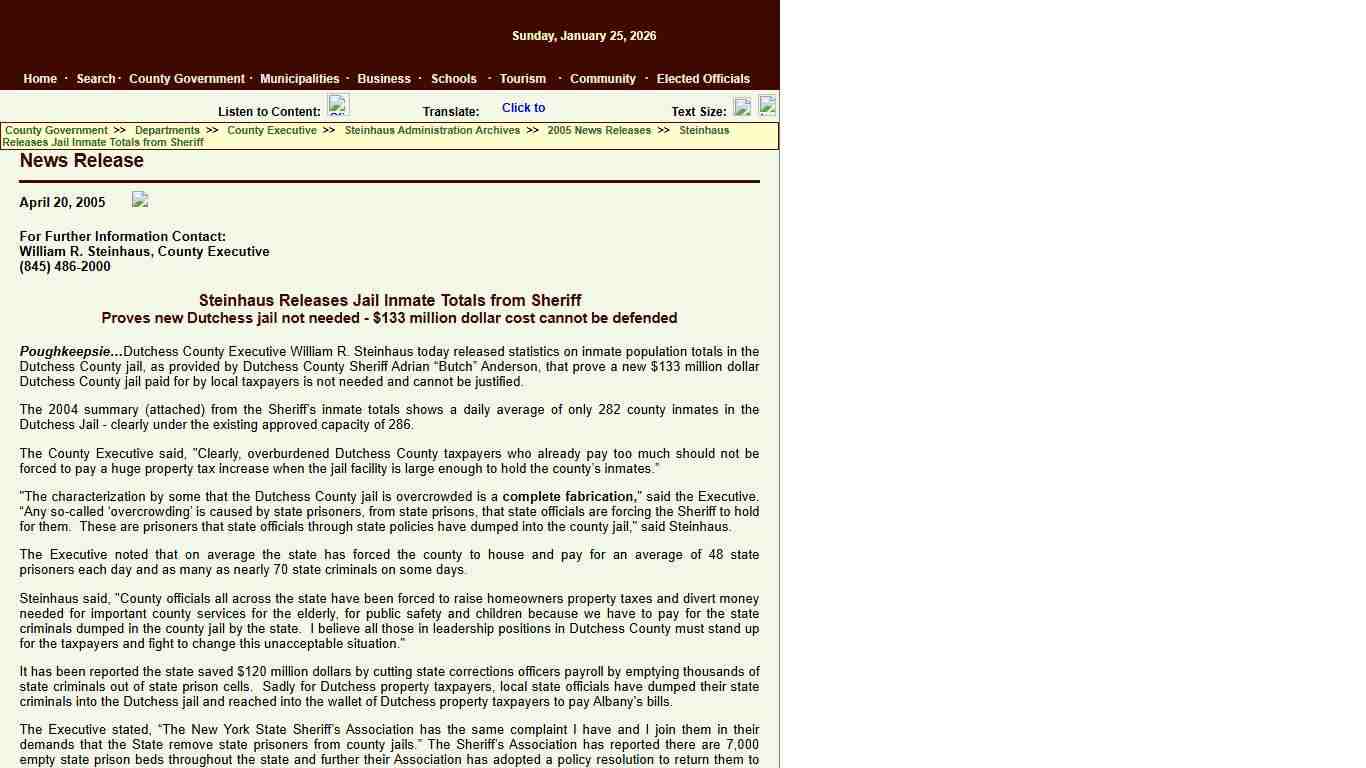 County Executive:News Releases:Steinhaus Releases Jail Inmate Totals from Sheriff